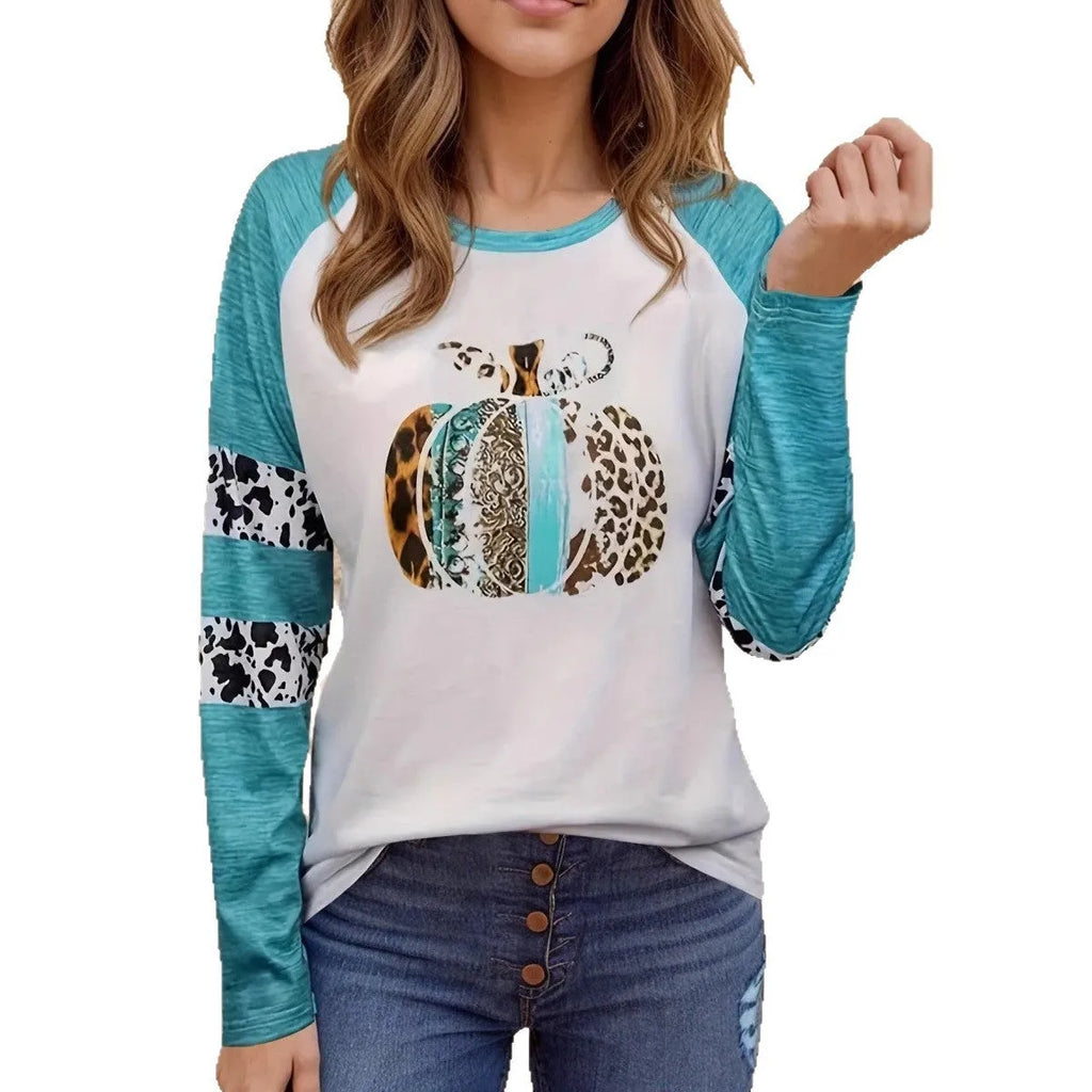 Sky blue long sleeve t-shirt with a white 3D digitally printed Halloween pumpkin graphic.