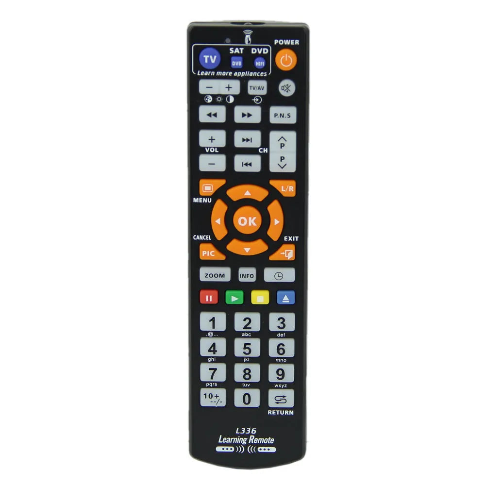 Black L336 learning remote control with button layout for universal device programming