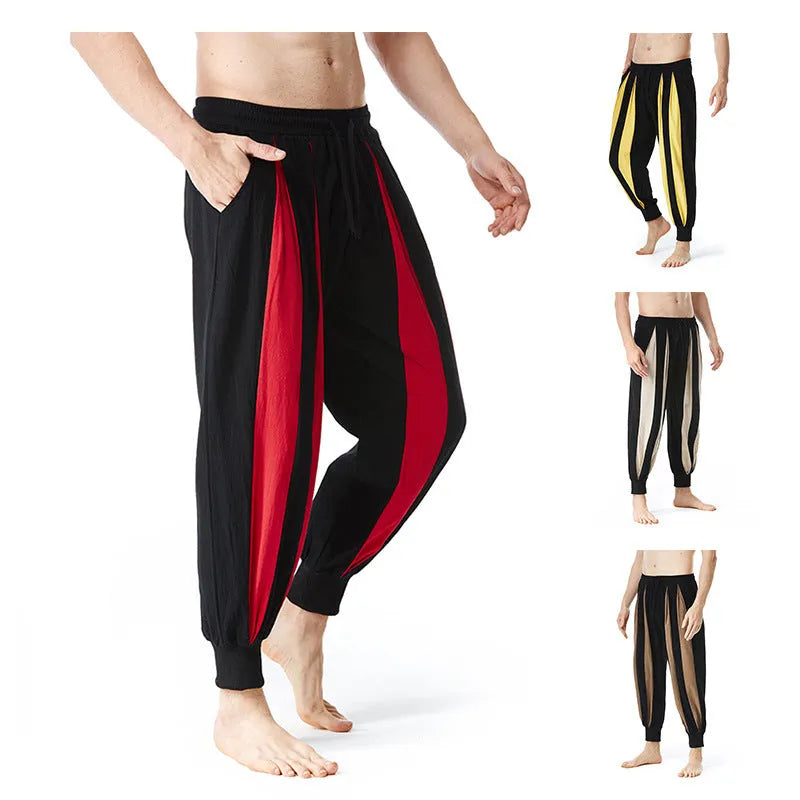 Men's straight-leg casual trousers in polyester available in red, khaki, yellow, and brown colours