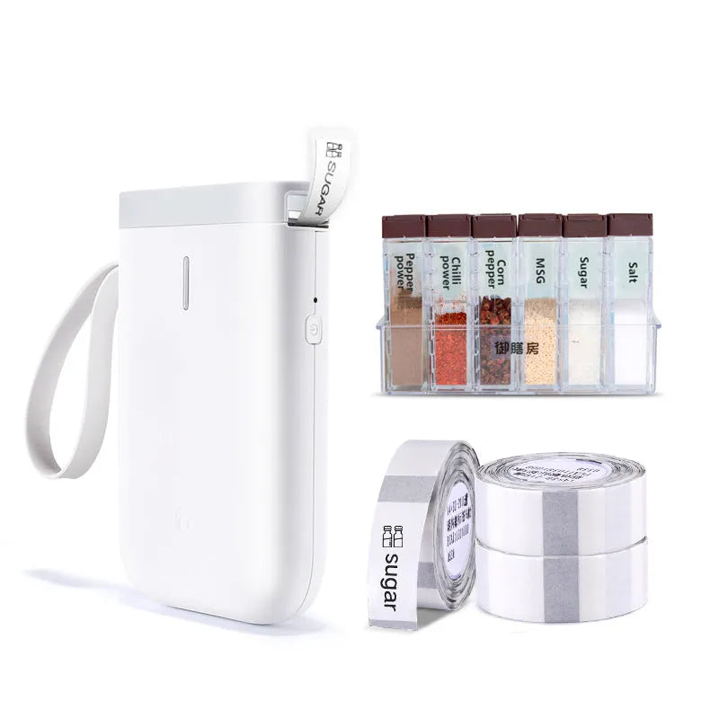 D11 Bluetooth label printer in black with thermal paper roll and smartphone showing app interface