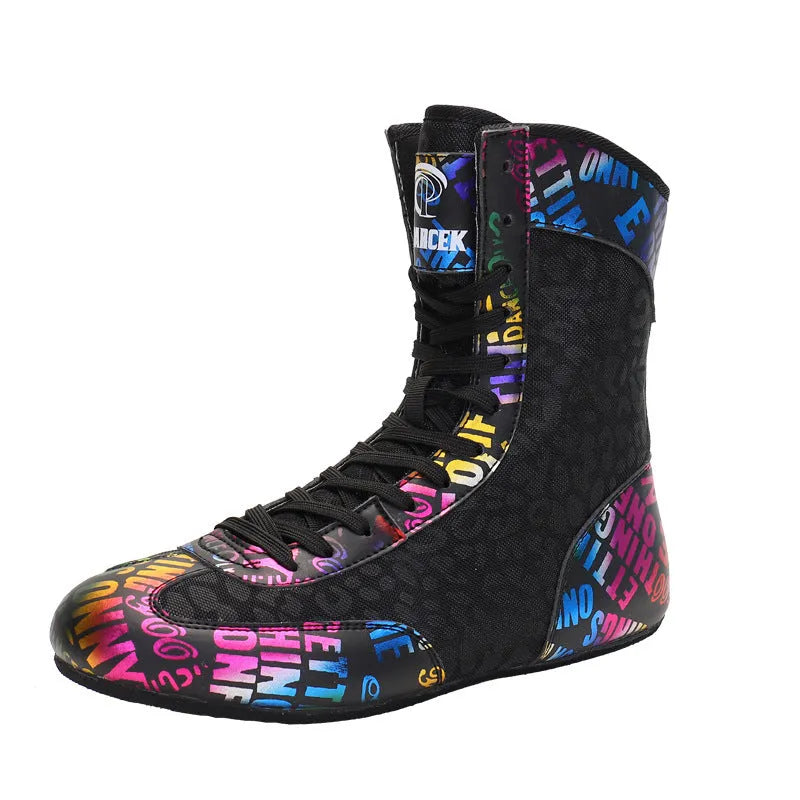 High-top mixed combat wrestling shoes in green, with mesh and leather upper and rubber sole.