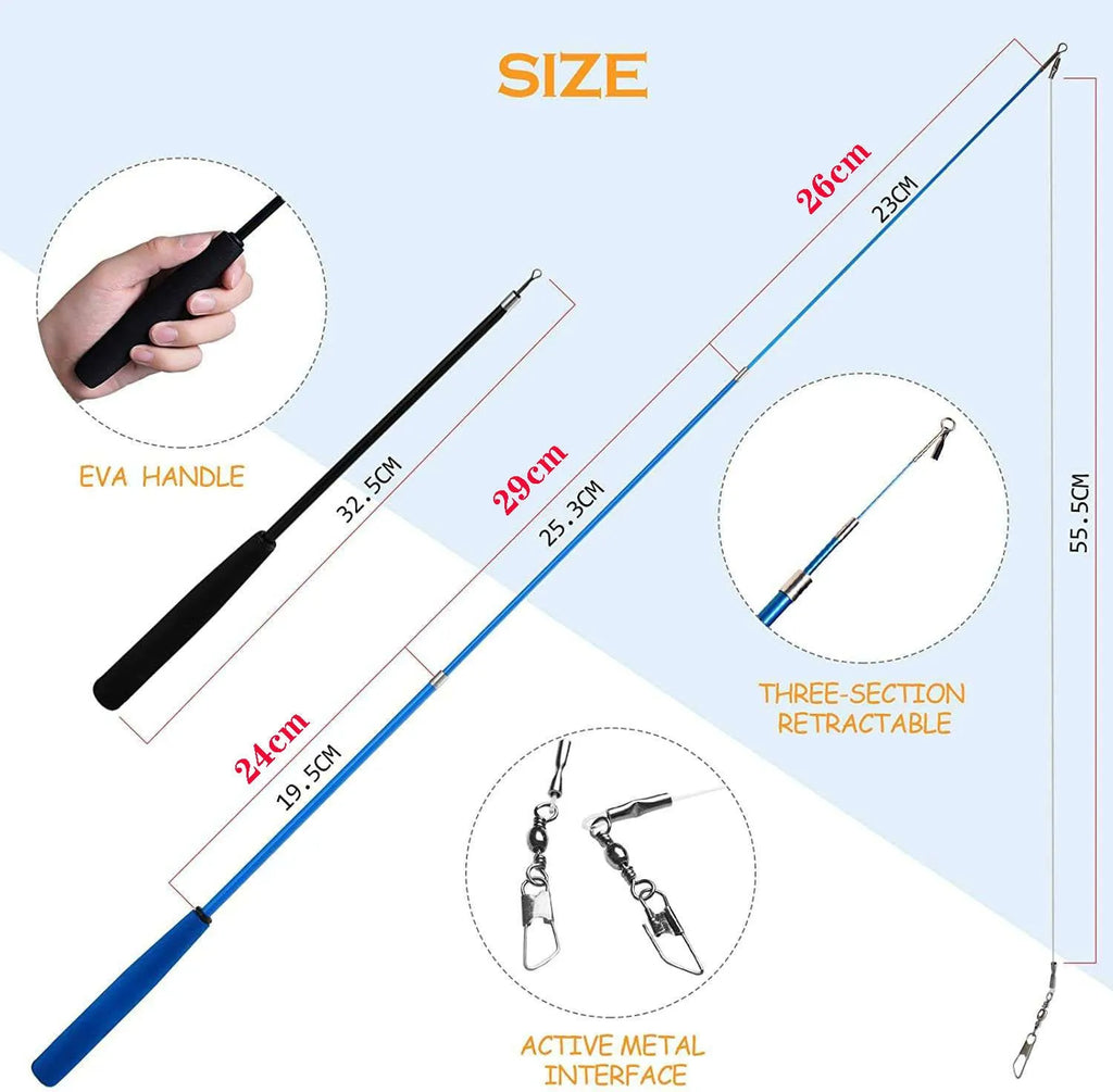 Three-section cat teasing fishing rod with assorted feather heads on plastic poles