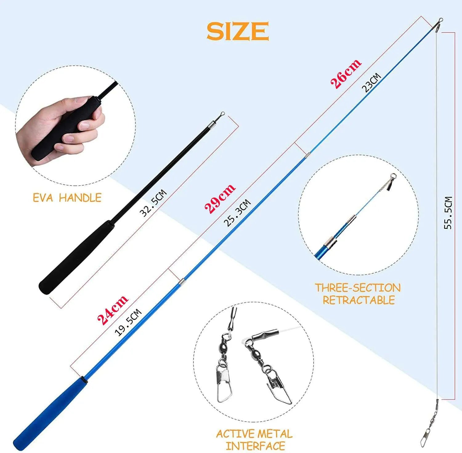 Three-section cat teasing fishing rod with assorted feather heads on plastic poles