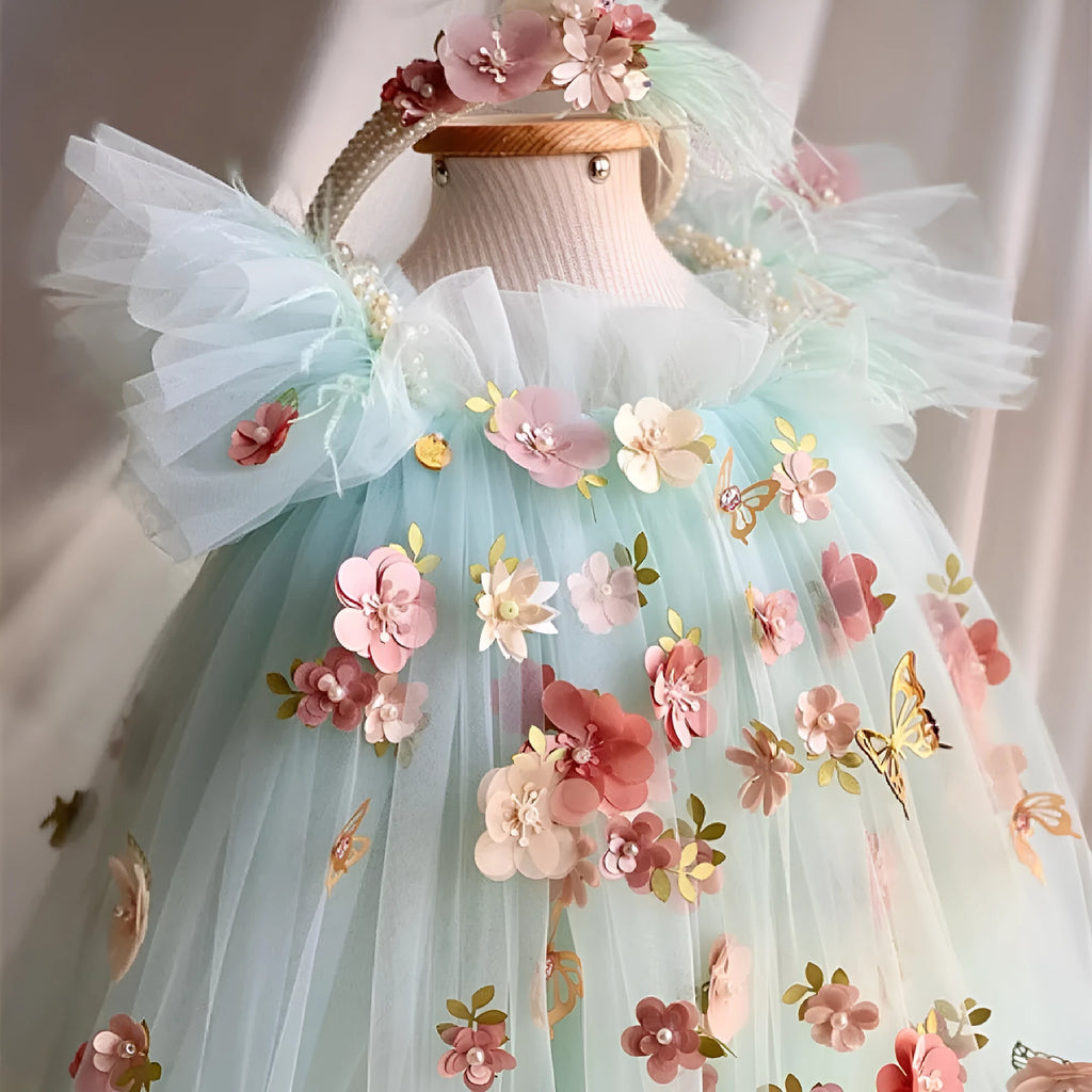 Children's princess dress with flower and butterfly embroidery on bodice in picture colour