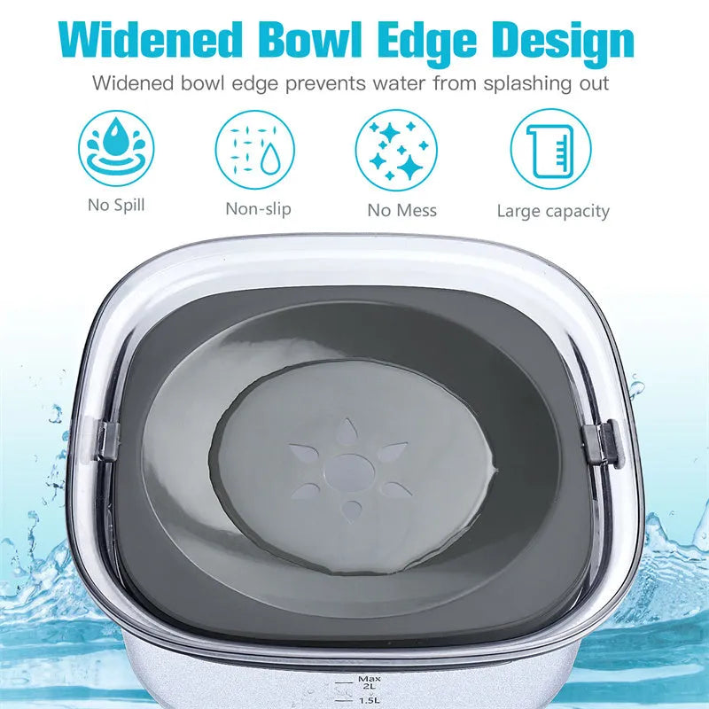 Transparent large 70oz dog water bowl with floating slow drink disk and non-slip base