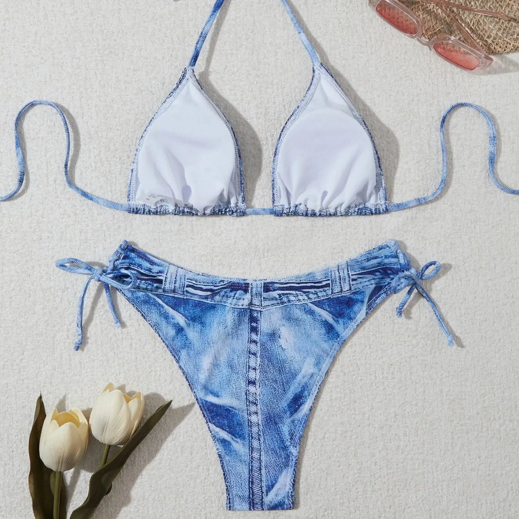 Women's denim blue printed bikini suit with sexy strap design, sizes S to XL.
