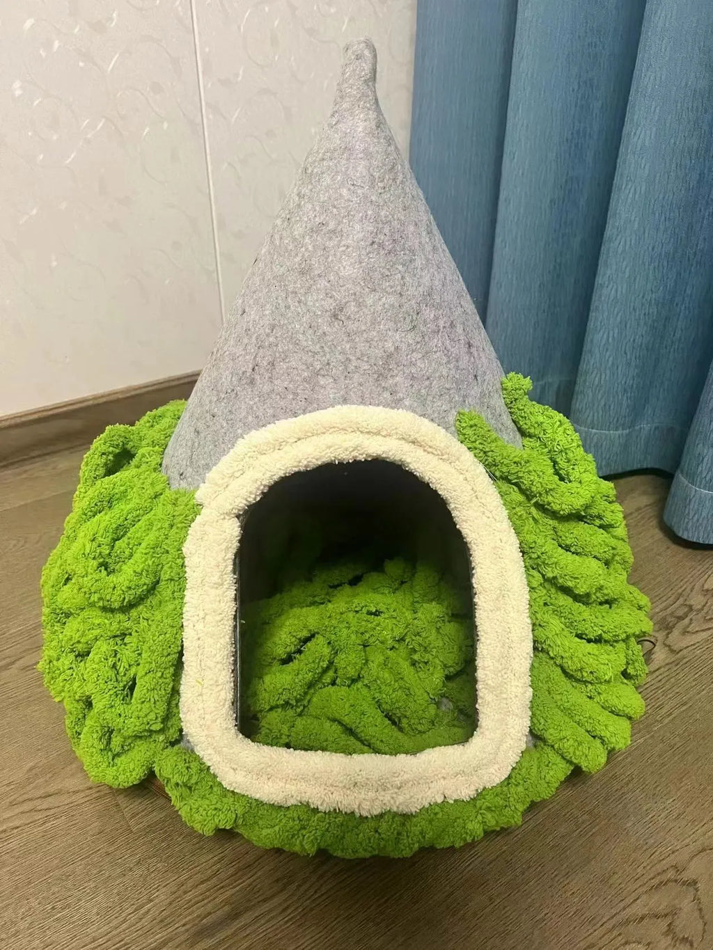Grey handmade felt cone cat house with enclosed tent design for indoor cats