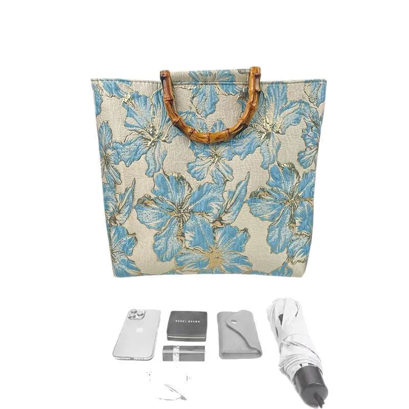 Light blue and gold bronzing flower pattern canvas shoulder bag with double strap