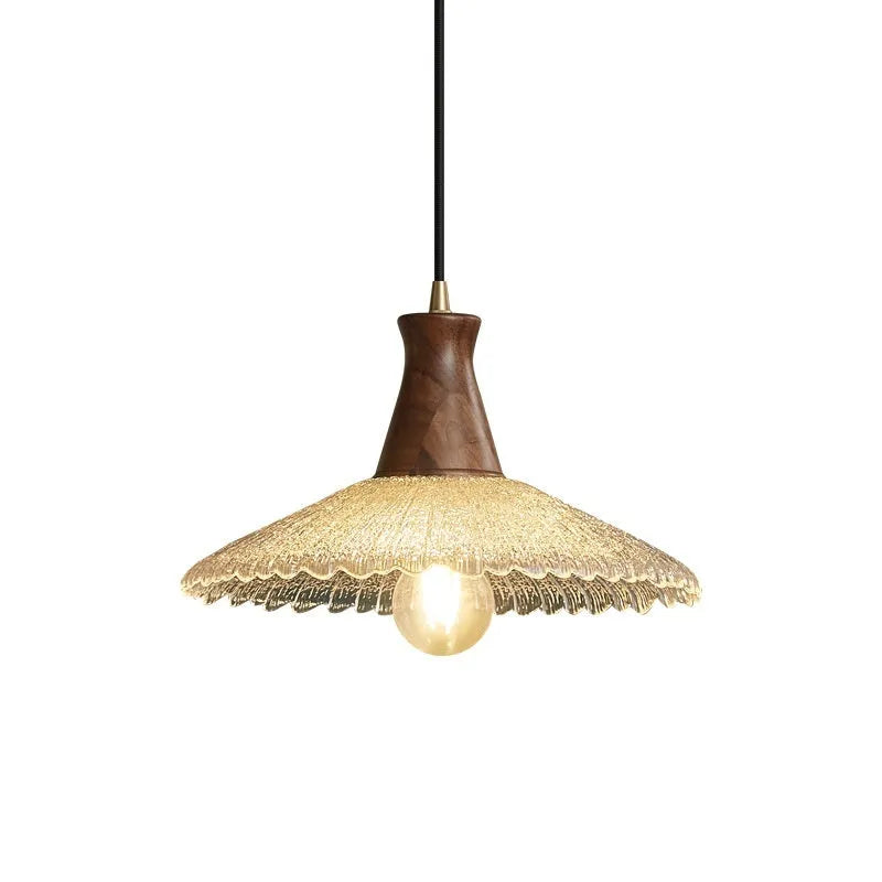 Retro brass and glass woodcraft chandelier ceiling lamp on a white background.