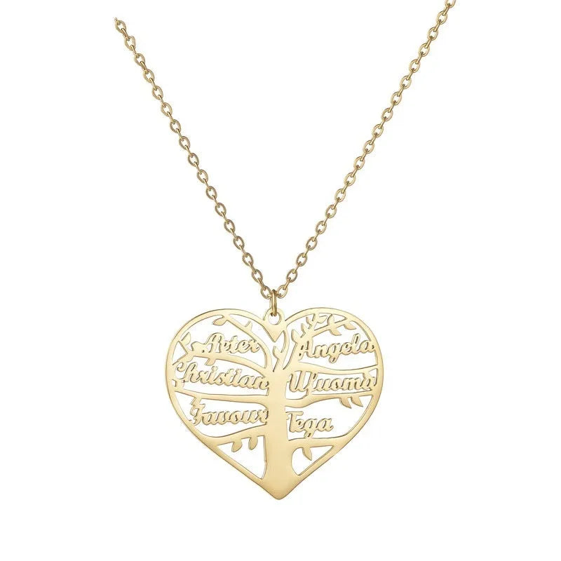 Customisable stainless steel name necklace with hollow heart and English letter lucky tree pendant.