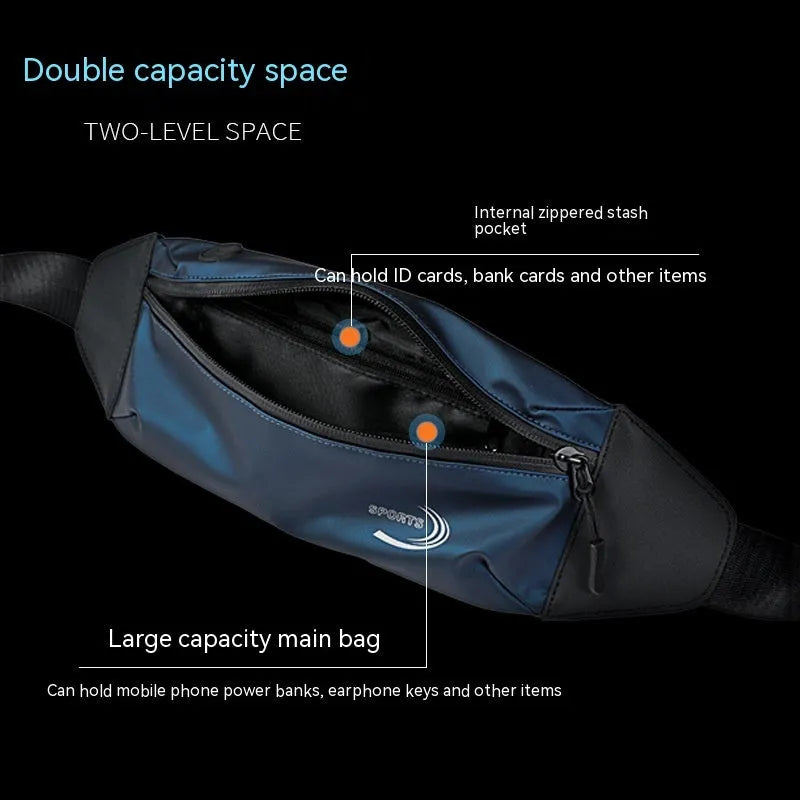 Men's black waterproof polyester waist bag with zip, shown at 45cm wide.