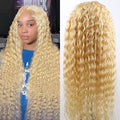 Front lace synthetic wig in gold colour with medium long curly hair on a mannequin head