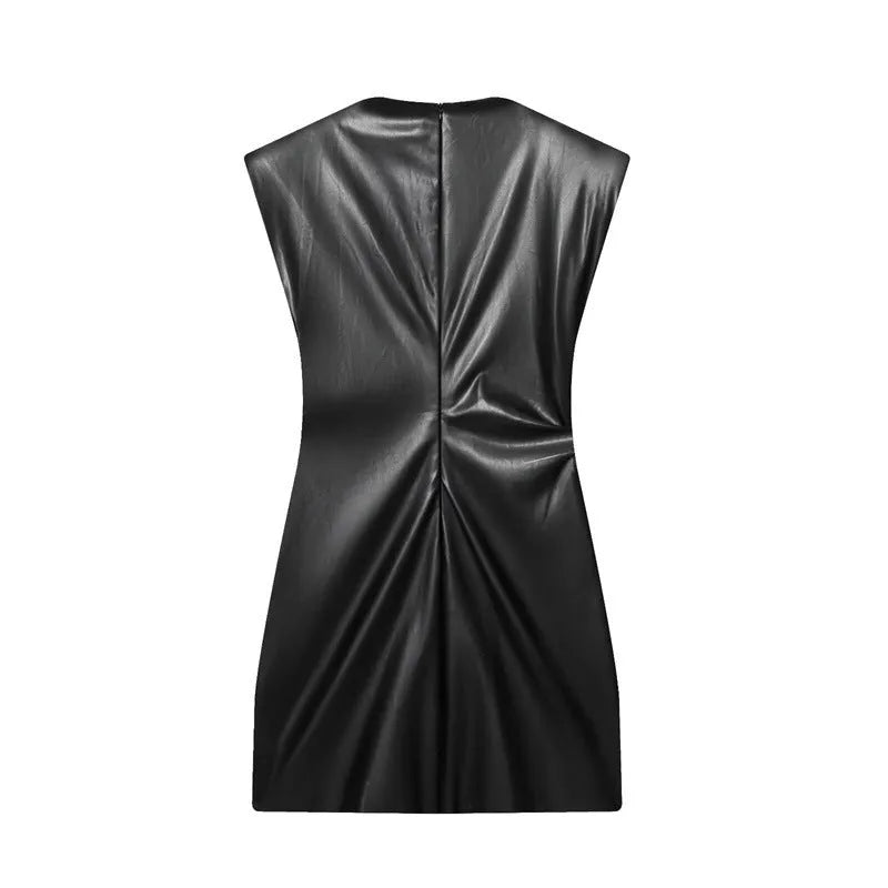 Black faux leather padded shoulder hooded short dress with long sleeves, mid waist and asymmetric pleated skirt