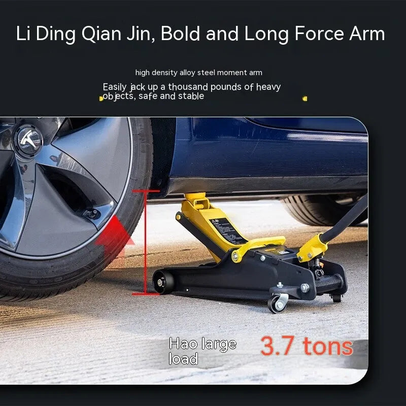 Horizontal hydraulic low car jack with handle for vehicle tyre changes