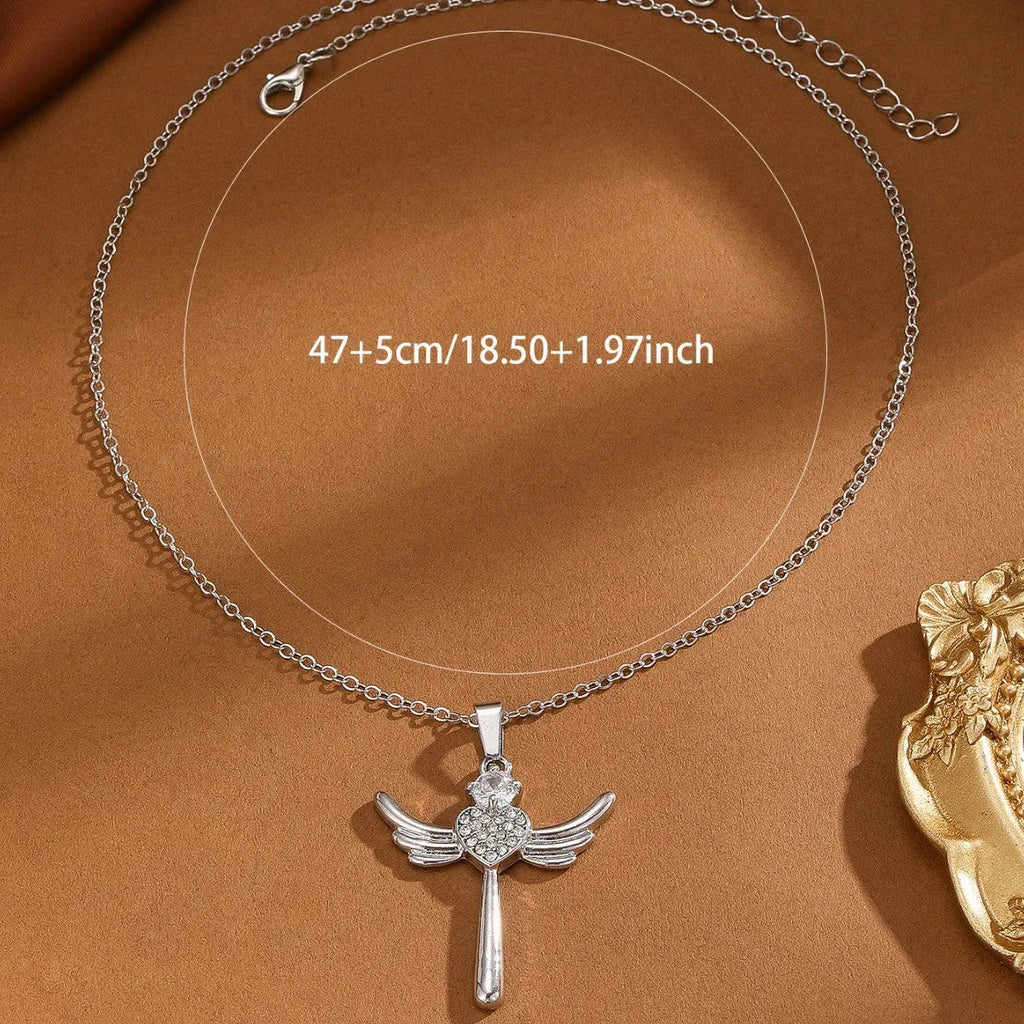 Silver titanium steel heart-shaped angel wings pendant clavicle chain cross necklace for women