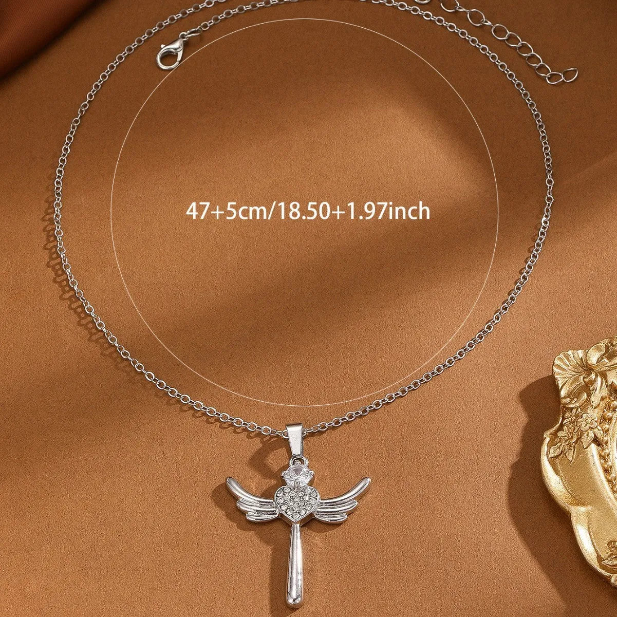 Silver titanium steel heart-shaped angel wings pendant clavicle chain cross necklace for women
