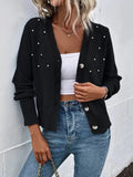 Loose leisure cardigan sweater for women with bead pattern, shown in gray, black, pink, red, or blue, sizes S to XL
