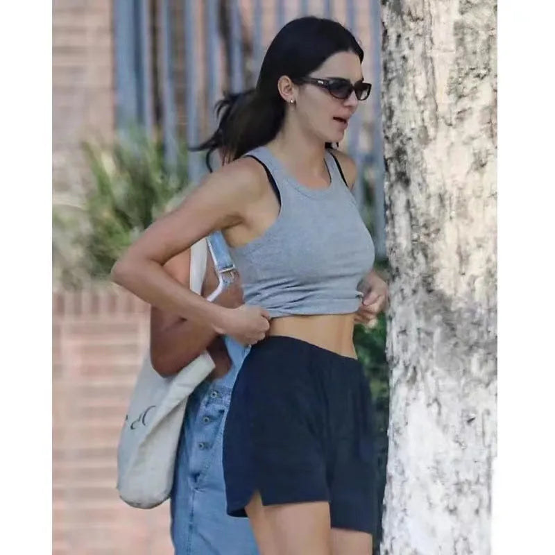 Women's cotton high top sports shorts with white flag embroidery in dark blue colour