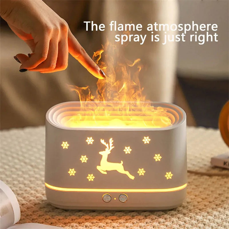 White round elk flame humidifier diffuser with USB cable, showing flame effect from mist and light on a desk