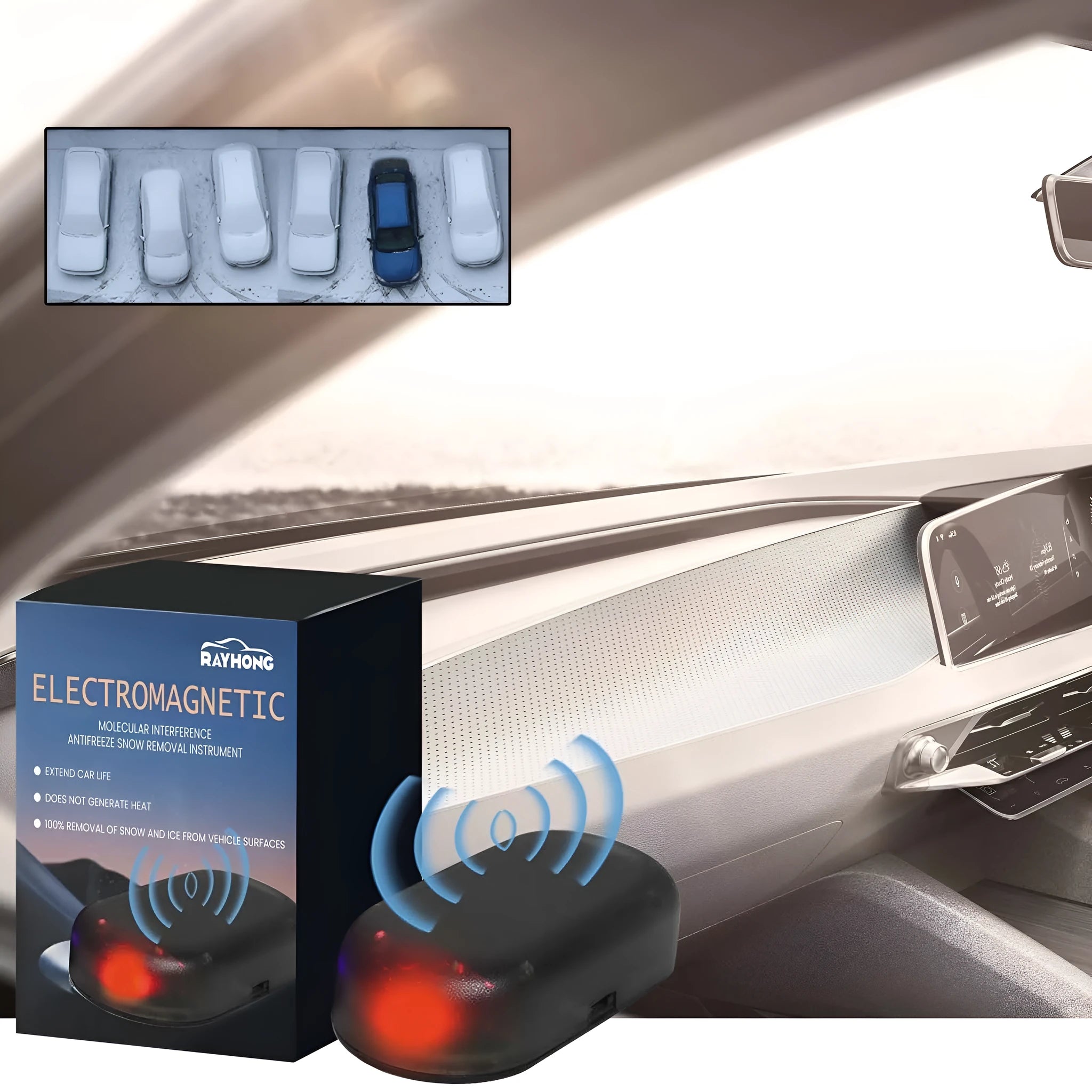 Black electronic car de-icer tool with glass plate for windscreen ice and snow removal