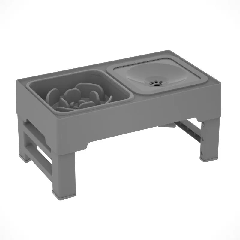 Adjustable height black dog feeding stand with two stainless steel bowls on non-slip base
