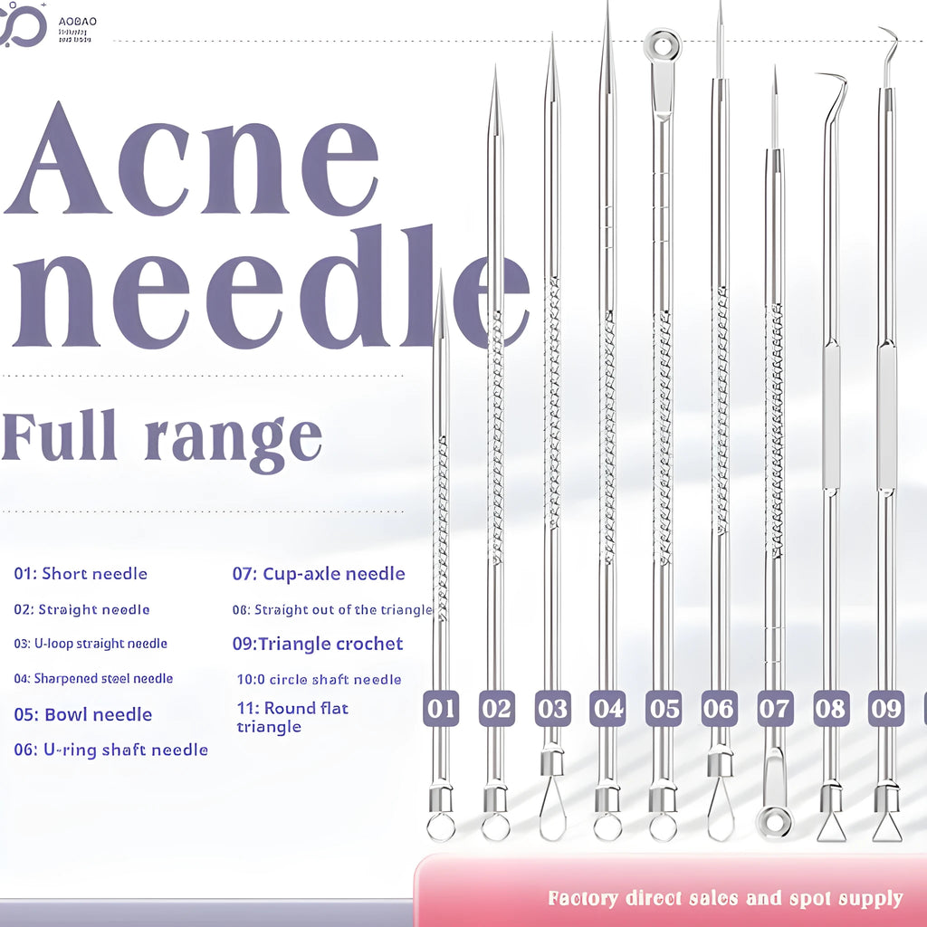 Four silver metal acne needles with ultra-fine pointed tips arranged on a clean surface.