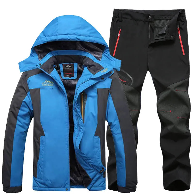 Men's windproof jacket and trousers set in army green, polyester fabric, with waterproof rating 5001-10000mm, for outdoor hiking and camping