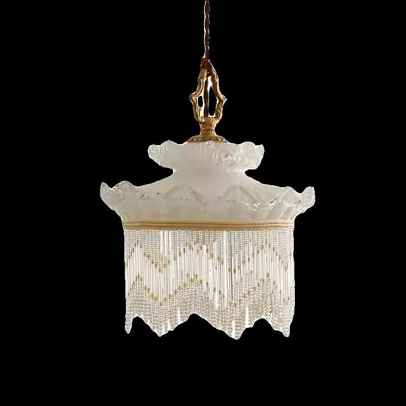 Tassel chandelier with copper lamp body and glass lampshade, LED light source, for dining room or bedroom