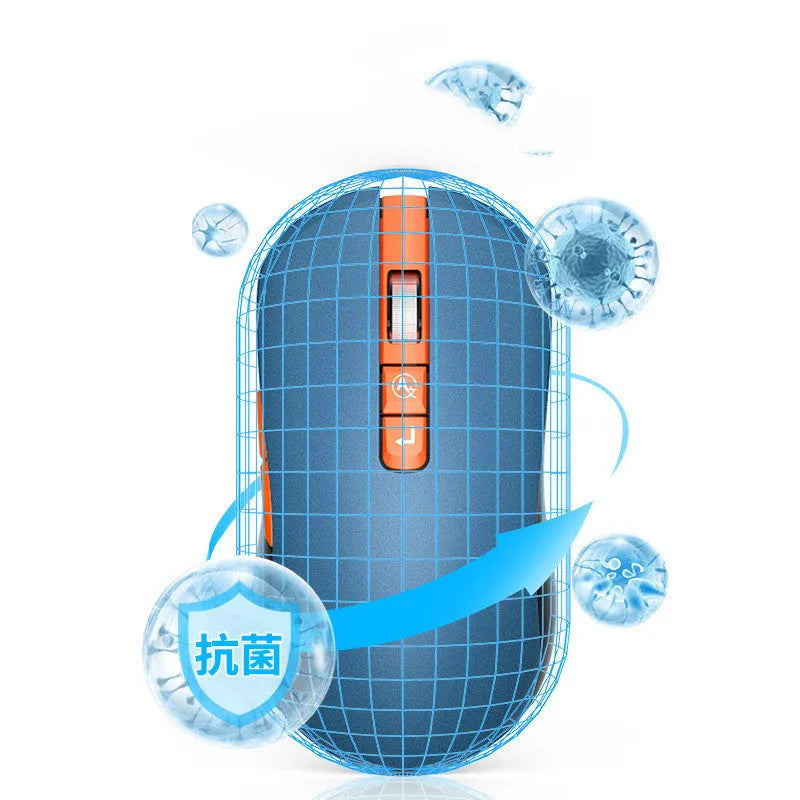 White wireless IFLYTEK gaming mouse with seven buttons on a desk next to a laptop, showcasing its USB receiver.