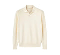 Pure wool polo sweater with lapel collar in loose fit, shown in milky white and navy blue.