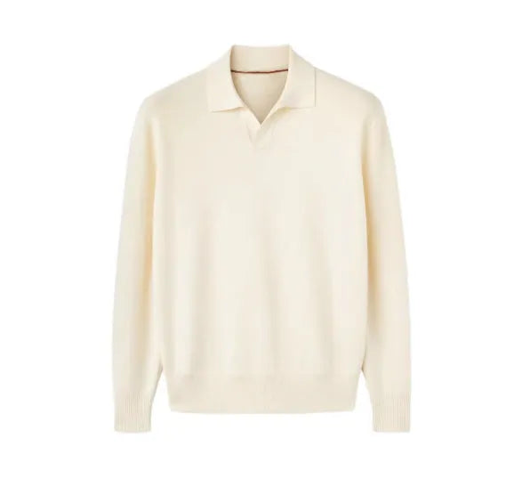 Pure wool polo sweater with lapel collar in loose fit, shown in milky white and navy blue.