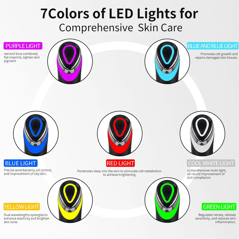 Black 7 colour light vibration eye and face massager on a dark background.