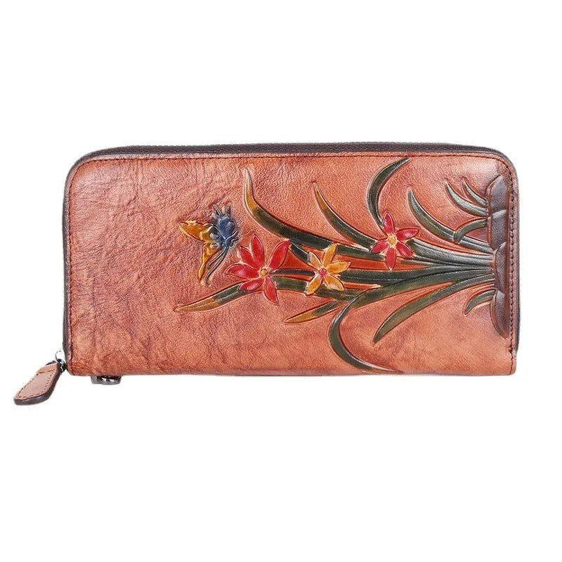 Retro genuine leather long clutch wallet with embossed flower pattern, multiple card slots, 20cm length, in retro coffee colour