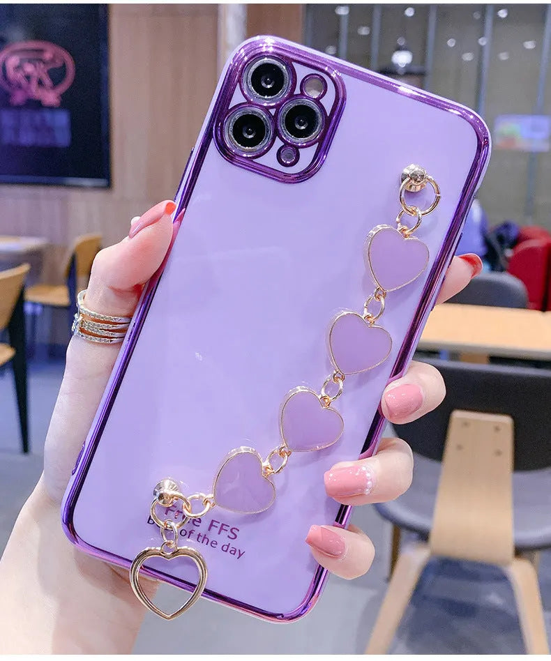 Solid colour silicone Samsung phone case with built-in glass screen protector and wrist strap.