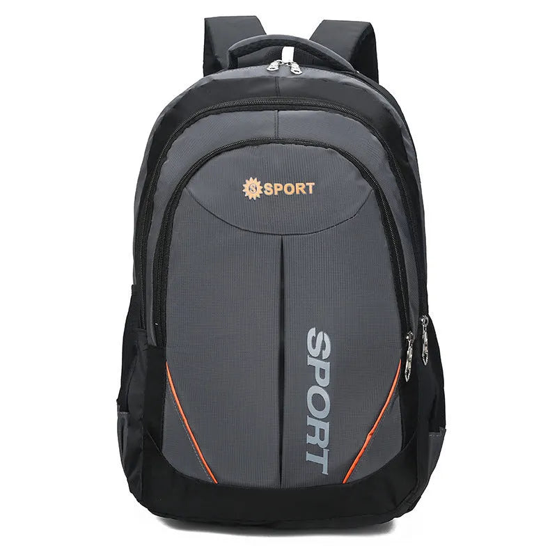 Large capacity nylon backpack for men in black colour with curved shoulder straps and letter patterning