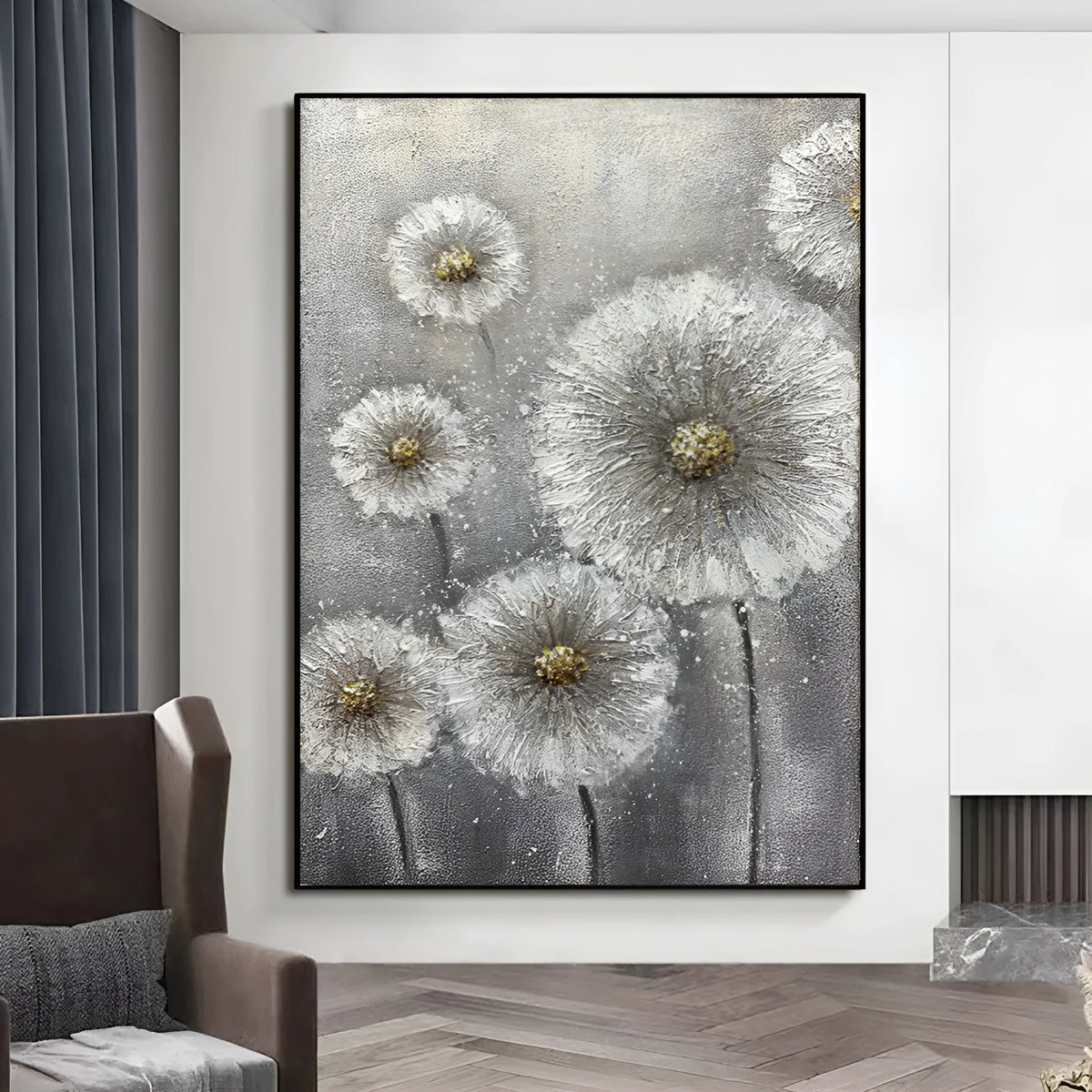 Large hand-painted white flower plant oil painting on grey canvas, unframed vertical single-panel wall art