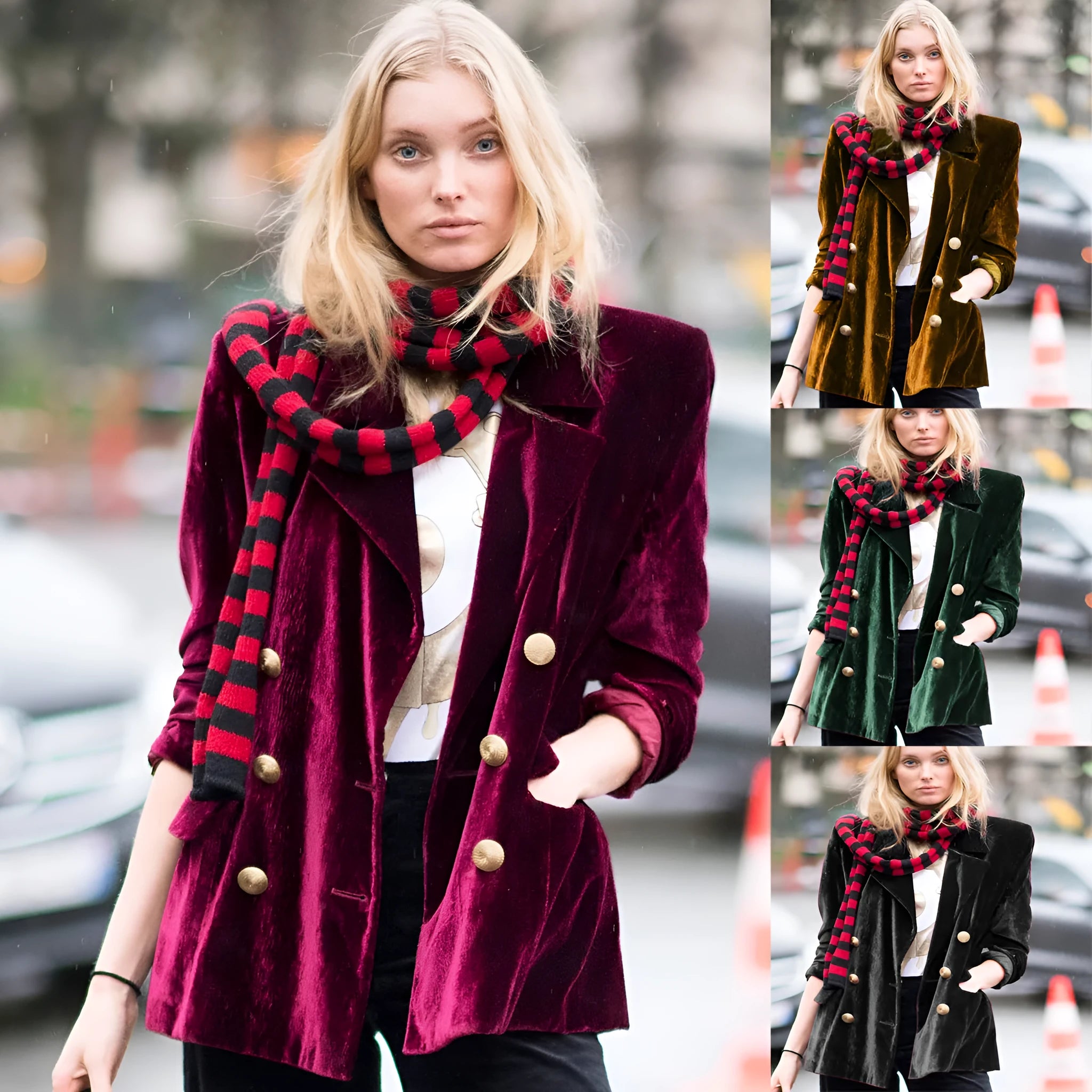 Women's mid-length loose fit suit coat with pockets in black, wine red, dark green, and ginger yellow colours