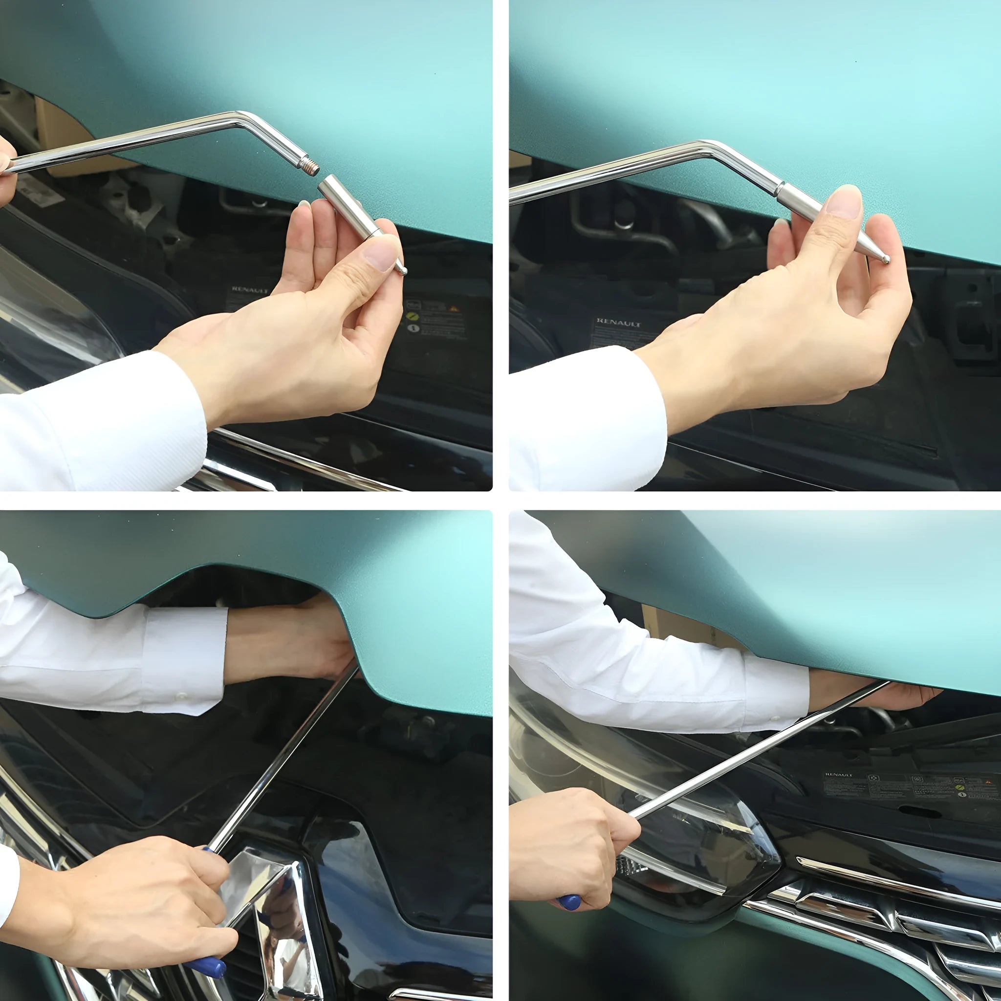 Three-piece alloy steel car dent repair tool set with hooks and crowbars on a workbench.