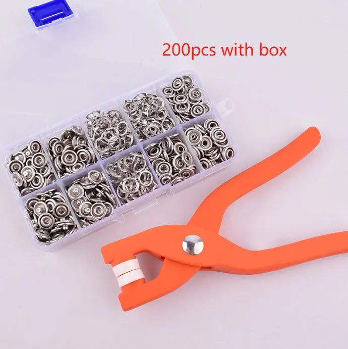 Stainless steel five-claw clasp no-sew button for children's clothing with pliers, 9.5mm size.