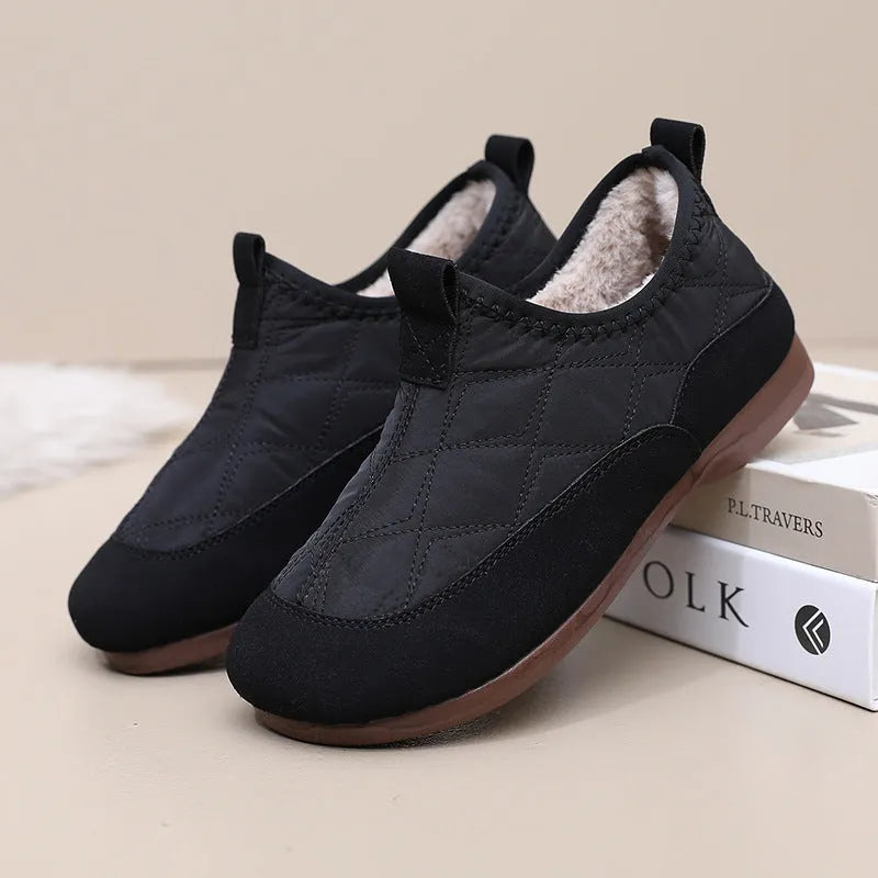 Women's winter cloth shoes with umbrella cloth upper and flat PVC sole, shown in solid colour