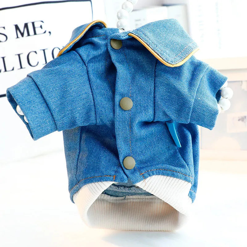 Blue denim rock embroidered pet coat for small dogs, available in XS S M L XL sizes.