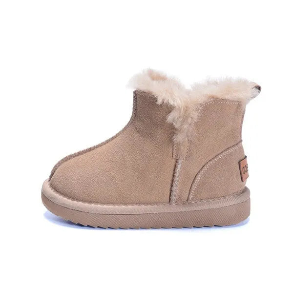 Children's genuine leather winter snow boots with wool lining in khaki, pink, and brown, sizes 21-30