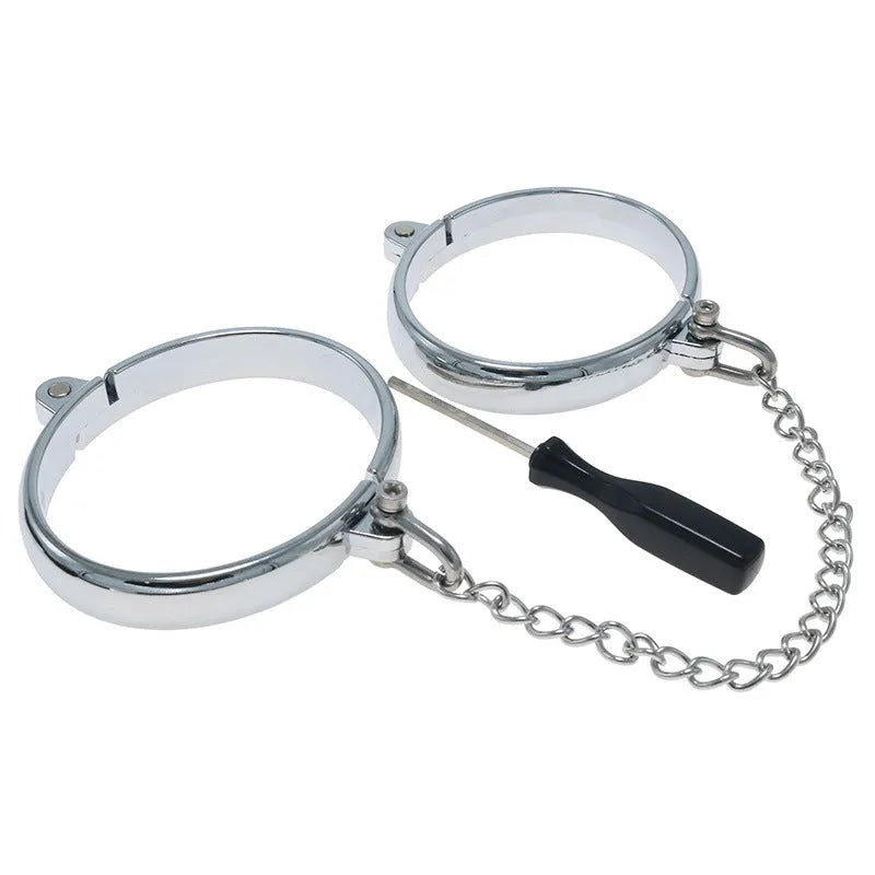 Silver handcuffs and footcuffs set made from zinc alloy with stainless steel fastenings