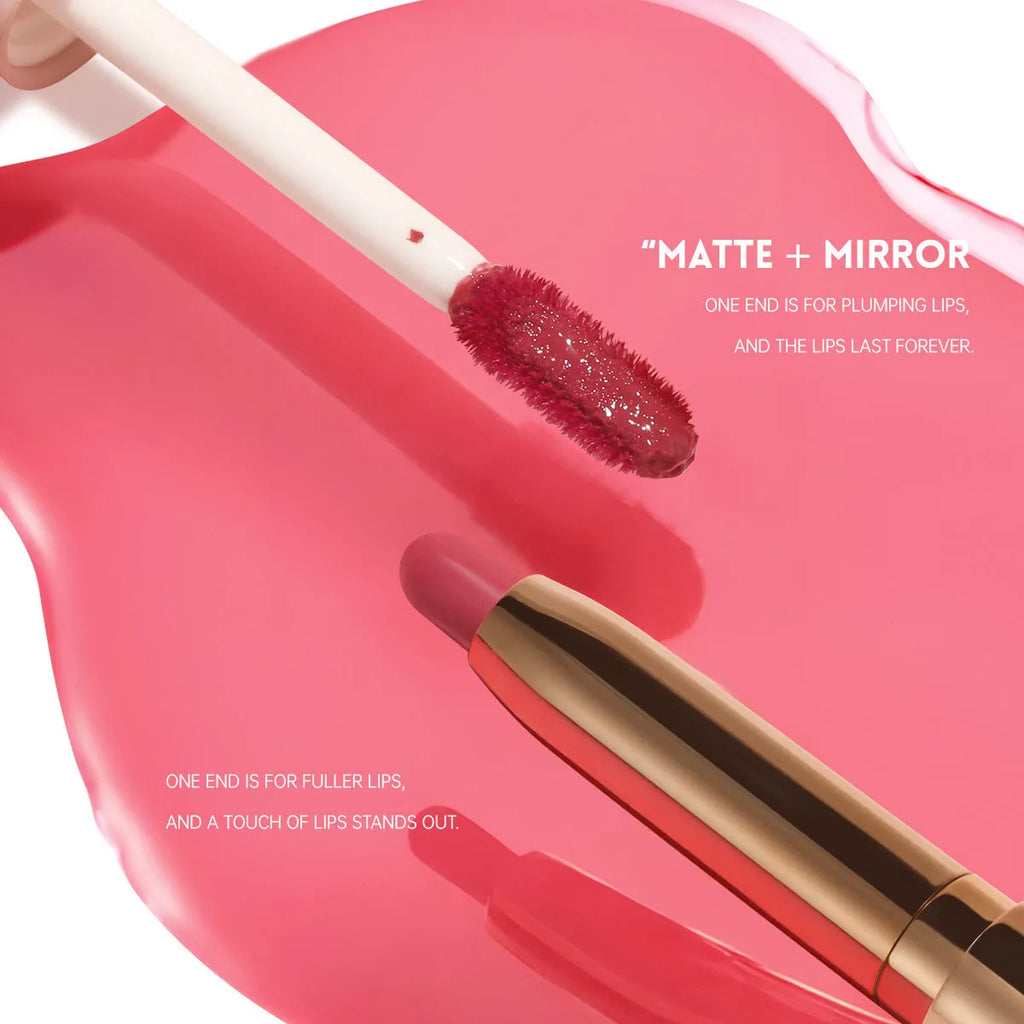 Double-headed lipstick with matte finish showing ten colour options from 01 to 10