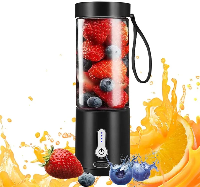 Portable hand-operated rechargeable blender with juice cup in black, white, blue, and rose red colours