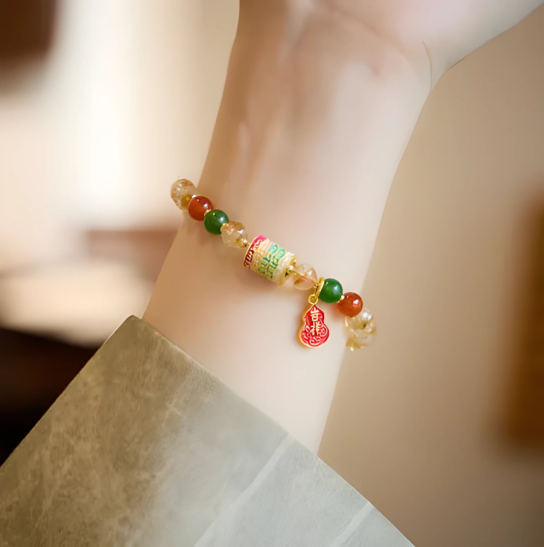 Hand-woven citrine crystal bracelet with five-sutra geometric design and 6mm beads