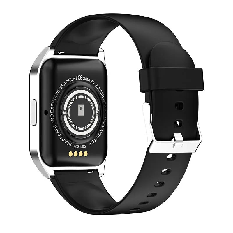Black smart watch with 1.69-inch screen displaying heart rate data and call interface on silicone wristband