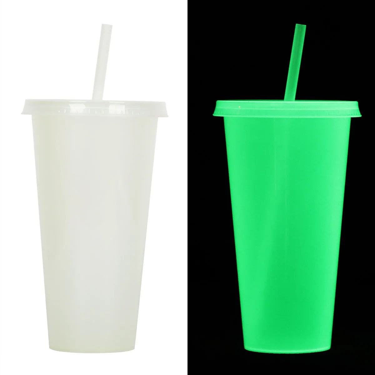 Halloween-themed luminous plastic straw cup with a 720ml capacity on a white background.