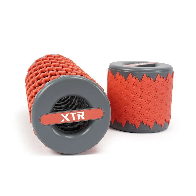 Adjustable telescopic foam roller in red colour extended for use