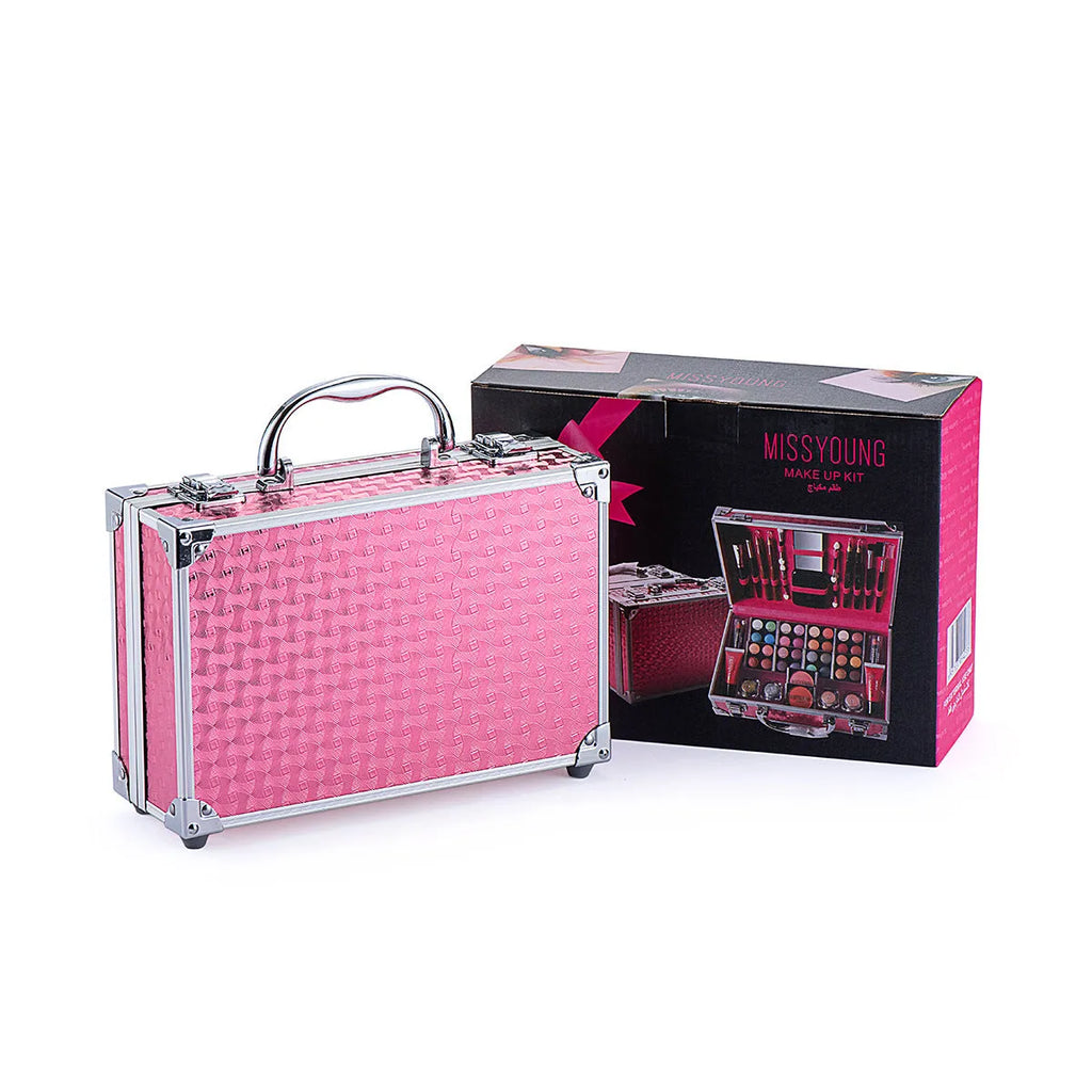 Creative colourful cosmetics set in Pink or Silver, 25 x 16 x 8.5 cm, with lipstick, eye shadow, mascara and brush